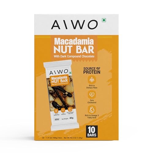 Aiwo Macadamia Nut Bar with Dark Compound Chocolate | Daily Protein Bars | Pack of 10 x 40g Protein Bars