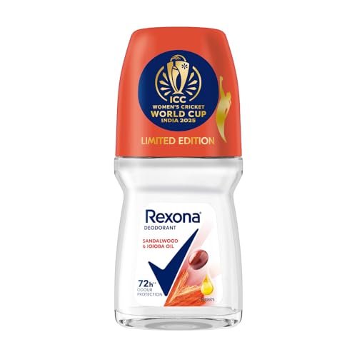 Rexona Sandalwood & Jojoba Oil Antiperspirant Roll-On | for Women | 12-HSA & Glycerin |72H Odour Protection | No White Marks | Limited Edition Pack – ICC Women’s Cricket World Cup India 2025 |50 ML