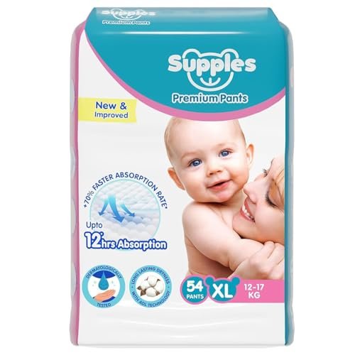 Amazon Brand – Supples Premium Baby Diaper Pants | 54 Baby Diapers | XL | 12-17 Kg | 12 Hrs Absorption | Cushiony Cotton Soft Fabric | Phthalates-Free | Triple Leak Guard