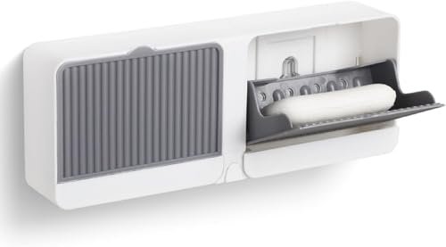 Wall Mounted Soap Holder Box with Lid and Pull-Out Drain Tray, Adhesive Wall Installation Soap Case with Hook, Bathroom Bar Soap Storage Organizer Unit (Pack of 1)