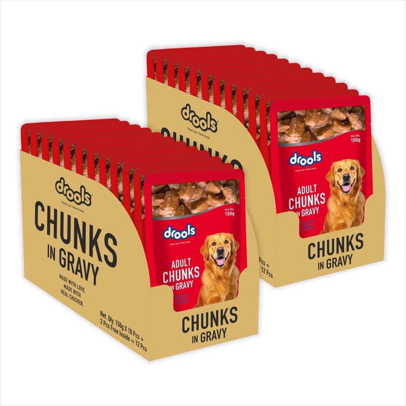 Drools Chunks in gravy for Adult – Chicken Liver and Real Chicken 3.6 kg (24×0.15 kg) Wet Adult Dog Food