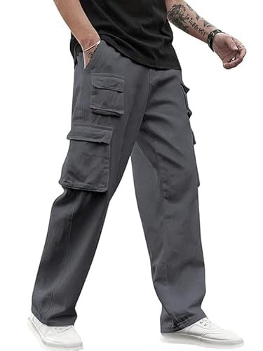 DERIKE Men Cargo Pants 100% Cotton | Relaxed Fit Utility Cargos for Men with 6 Pockets | Breathable Durable Fabric | Casual Streetwear Travel & Outdoor Pants (in, Alpha, S, Regular, Grey)