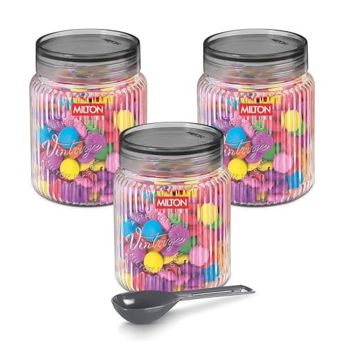 MILTON Olive 750 Airtight Food Grade Modular Plastic Container | BPA Free, Stackable & Transparent | Wide Mouth with See-Through Lid | Ideal for Cereals, Pulses, Spices, Set of 3, 750 ml each, Grey