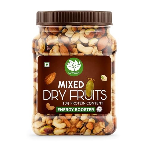 Go Vegan Healthy Nutmix 500gm, Dried Almonds, Black Raisins, Cashewnuts, Cranberries, Black Dates & Many More. (Jar Pack)
