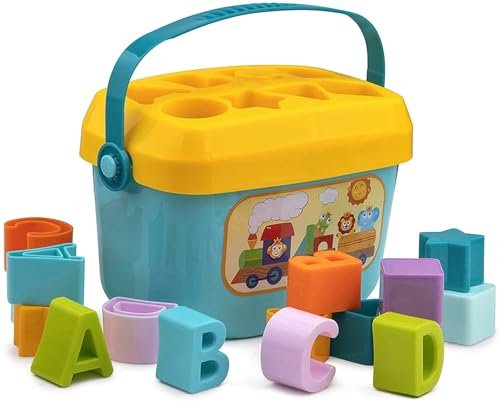 Baby First Blocks Activity Toys Sorter Baby and Toddler Toy ABCD Learning Shape Alphabets Storage Bucket Toys