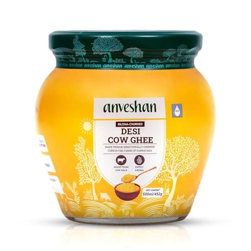 Anveshan A2 Cow Ghee 500ML | Desi Ghee in Glass Jar | Bilona Method | Grass-Fed | Curd-Churned | Cultured Ghee | Pure, Natural, Healthy | Keto-Friendly | Lab Tested