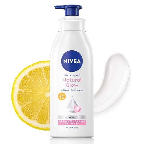 NIVEA Natural Glow Cell Repair Body Lotion with SPF 15 And UV A & B Filters | 50X Vitamin C | 24H Hydration | Even Skin Tone in 7 Days | Brightens Skin and Repairs Sun Damage | Lightweight, Quick Absorbing, Non-Sticky Formula | For All Skin Types | 400 Ml
