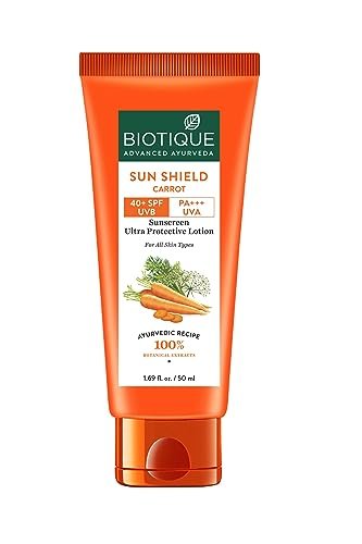 Biotique Bio Carrot Face & Body Sun Lotion | SPF 40 UVA/UVB Sunscreen | Prevents Ageing and Soothes Dry Skin| 100% Botanical Extracts | Suitable for All Skin Types | 50ml