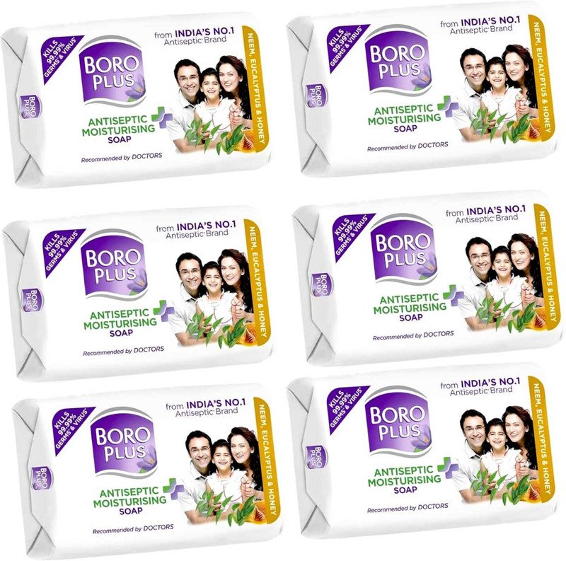 BOROPLUS Antiseptic + Moisturing Soap with Neem, Eucalyptus & Honey 125g x 6(6 x 125 g)
