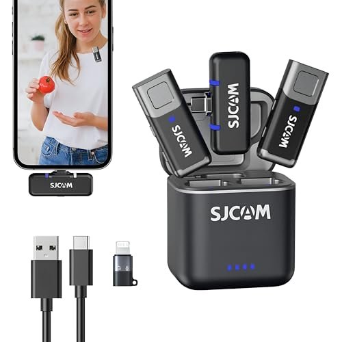 SJCAM M3 Wireless Lavalier Microphone (2TX+1RX) for Smartphones/iPhone | 7H Battery Life | 2.4GHz WiFi | 152m(500ft.) | Mini Clip-on Mic for Podcast, Interview, Video Recording with Charging Case