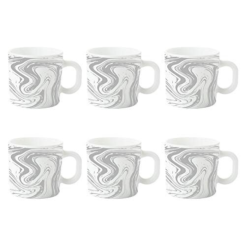 Larah by Borosil Marble Opalware Mug Set – 6 Pieces, White, 180 ml