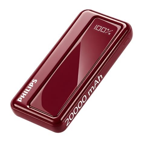 Philips 20000mAh 22.5W Fast Charging Power Bank (Iron Red) with Digital LED Display | Type-C & USB-A Input/Output | 3 Output Ports | Lithium Polymer | Portable for Mobile, Tablet & Earbuds