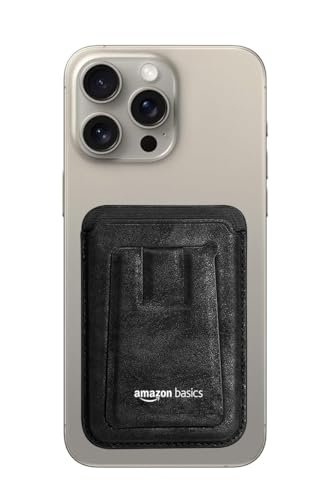amazon basics Unisex Magnetic Magsafe Wallet | Secure-Grip Finger Loop | Vegan Leather (Black)
