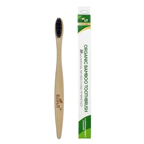 EcoUT Organic Bamboo Toothbrush with Charcoal Activated Bristles | Compostable Wooden Toothbrush | Eco Friendly Toothbrush for Teeth Cleaning | Soft Bristles Brush for Adults & Kids | Plastic Free Dental Care (Pack of 1)