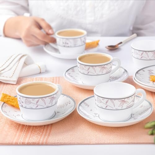 Larah by BOROSIL Premia Series Grandeur 12pc Opalware Tea/Coffee Cup & Saucer Set (140ml Each) | Embossed Design, Microwave & Dishwasher Safe | Crockery Set Ideal for Daily Use & Gifting, White