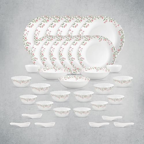 La Opala Opal Glass Crockery | for Family of 6 | Dinner Set 35 pcs Spring Meadows | Plates & Bowls for Dining | Microwave Safe | 100% Vegetarian | Extra Strong | Extra Light & White