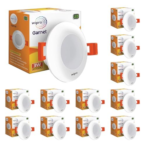 wipro Garnet 3W Led Mini Downlight for Home & Cabinet| Warm White (2700K) | Compact Design with 120° Beam Angle | Recessed Down Light for False Ceiling | Cutout-2.3 Inch | Pack of 12,Polycarbonate