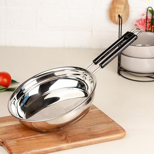 The Earth Store Stainless Steel Frypan 22cm (1200ml) Heavy Gauge Sandwich Base | Induction & Gas Compatible | Scratch Resistant Cooking Pan with Sturdy Bakelite Handle