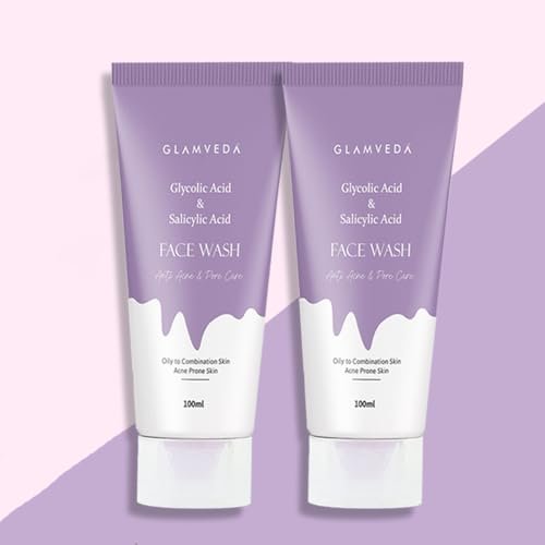 Glamveda Glycolic Acid & 0.05% ww Salicylic Acid Anti Acne Face Wash (100ml Pack of 2) | For Oily & Acne Prone Skin | Oil balancing, Deep Cleansing | No Paraben, SLS