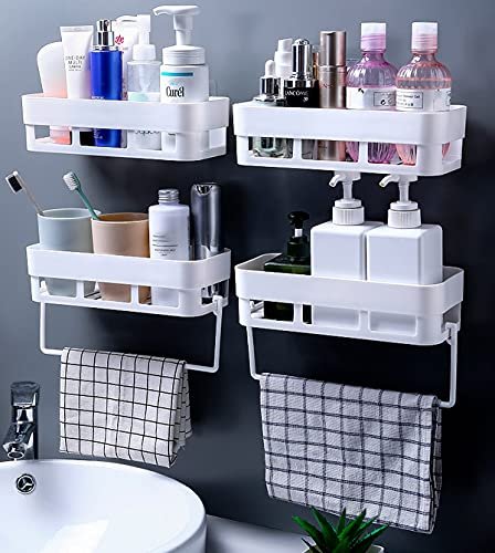 wolpin Plastic Rectangular Wall Shelves with Towel Hanger Shelf Multipurpose Self-Adhesive Sticker Hooks Wall Holder Bathroom Storage Rack Box Strong Shower Rack Shelf – White (4 Pieces)