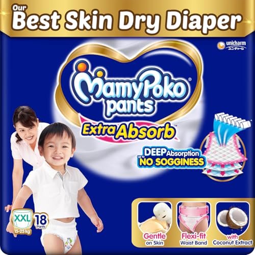 MamyPoko Pants Extra Absorb Baby Diapers, Extra Extra Large (XXL size), 15-25 kg, 18 Count, Deep Sleep Diapers, Soft gentle fit, Deep Absorbent Crisscross, skin friendly with coconut oil