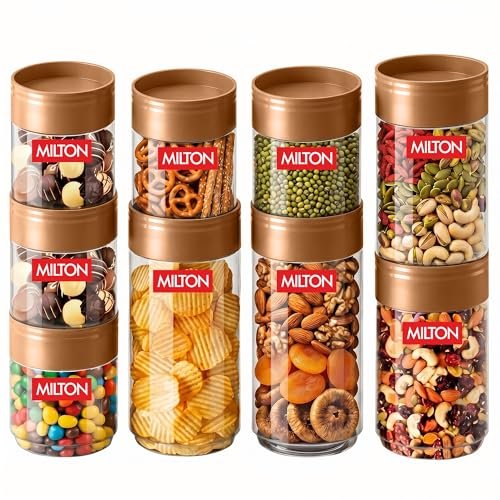 MILTON Stack IT Airtight Kitchen Jars Set of 9 I Food Grade Plastic Kitchen Storage and Containers I Transparent, Stackable & Unbreakable I (5 x 360ml; 2 x 680ml; 2 x 890ml) I Brown