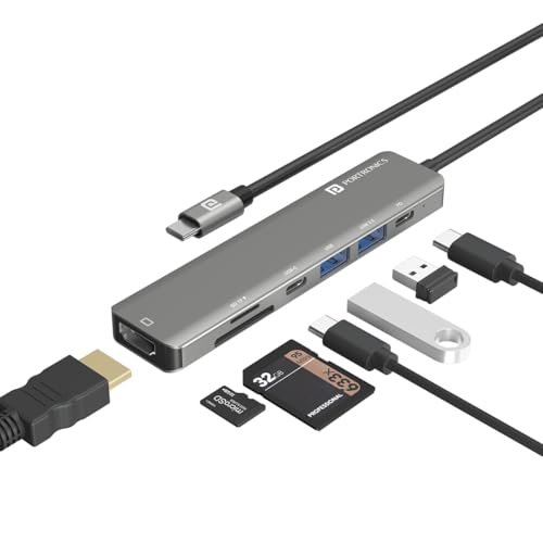 Portronics Mport 52 USB C Hub Dock (7-in-1), Multiport Adapter with 4K HDMI, 60 W PD Charging, USB 3.0/2.0 & USB Type-C Data Ports at up to 10 Gbps, microSD & SD Card Reader for Laptops(Grey)