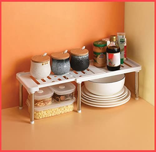 wolpin Extendable Dish Rack/Storage Tiered Countertop Shelf for Kitchen Cabinets/Plate Stand/Utensil Rack ABS with Stainless Steel Multipurpose