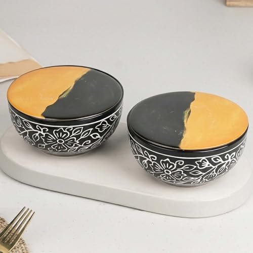 The Earth Store Black Artvine Snack Bowl with Coasters/Lid Set for Kitchen | Dishwasher & Microwave Safe Serving Bowl for Snacks, Rice, Dal, Fruits, Salad | 500ML Set of 2
