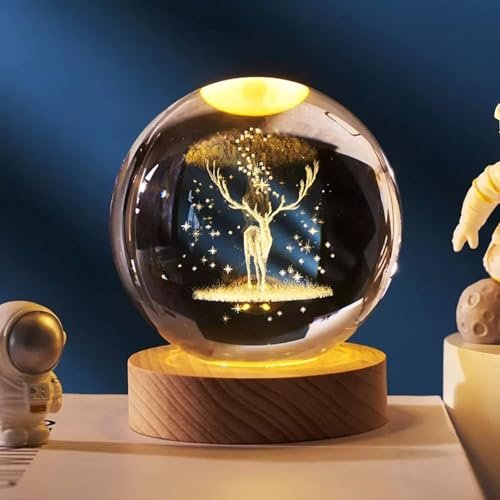 Desidiya Deer 3D Crystal Ball Night Light with Wooden Base – LED USB Table Lamp for Kids, Teens, and Home Decor