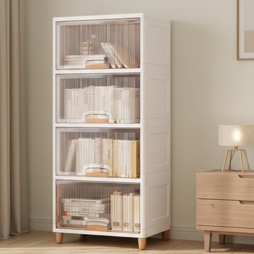JD FRESH 4 Tier X-Large Cupboard for Storage/Stackable Plastic Storage Cabinet/Foldable Wardrobe for Clothes/Multipurpose Storage Organizer/Closet for Bedroom/Living Room/Kitchen (Transparent & White)