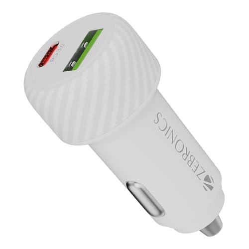 Zebronics 48W Car Charger with Dual Output – Type-C (30W) & USB (18W), PPS Tech, Rapid Charging, LED Indicator, for Smartphones, iPhones, Tablets, Earbuds (CC48 Plus, White)