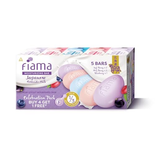 Fiama Skin Barrier Strengthening Moisturizing Soap Bar 125gx5, Japanese Hokkaido Milk Celebration Pack of 5, Non-Sticky Soft Skin | 1/3rd Moisturizers | Blueberry, Goji Berry & Acai Berry Combo pack