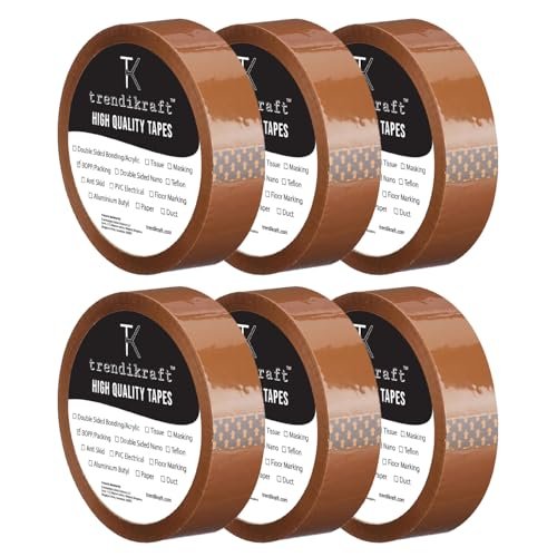 TRENDIKRAFT 12mm X 65 meter Pack of 6 Brown BOPP Packing Cello Tape with Durable Materials Self Adhesive Heavy Duty Tep Roll Ideal for Packaging Box 1/2 inch 65mtr