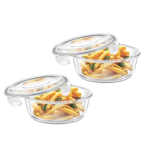 Signoraware Safe Store Glass Round Containers | Airtight & Leakproof | Microwave Safe | Ideal for Reheating, Baking or Serving | Best for Office Lunch & Outdoor Activities (400mlx2 | Setof2 | Clear)