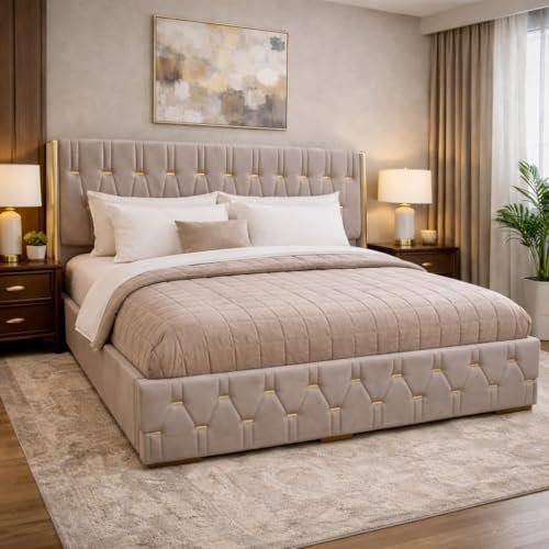 SABTA Royal Aura Upholstered King Size Bed with Box Storage for Bedroom | Elegant Wooden Double Bed with Storage | Platform Cot Palang with Tufted Headboard | 6.5 x 6 Ft | Sheesham Wood | Navy