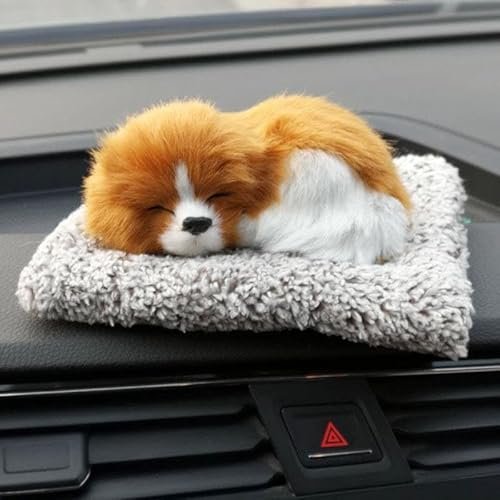 Sleeping Dog Car Dashboard Toy with Soft Plush Fur and Non Slip Base – Cute Puppy Decorative Showpiece for Car Interior, Home Decor Desk Accessory for Dashboard Styling(White & Beown)