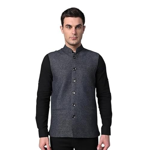 DEIFIC Men’s Dark Grey Chequered Woolen Blended Festive Nehru Jacket/Waistcoat (VASTRAAVS4405-40)