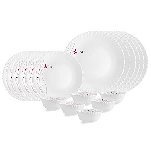 CELLO Lush Fiesta Dazzle Series Opalware Dinner Set of 18 Pieces for Family of 2 | Bone-Ash Free & Leadfree Opal Glass, Microwave & Dishwasher Safe, Plates & Bowls Crockery Set for Dining & Gifting