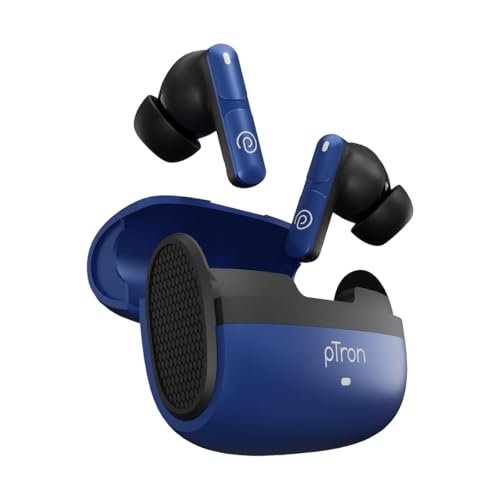 pTron Bassbuds Blaze in-Ear TWS Earbuds w/ 13mm Drivers, 50Hrs Playtime, AI-ENC Clear Calls, Bluetooth V5.4 Wireless Headphones, Touch Control, Voice Assistant, Type C Charging & IPX5 (Blue & Black)