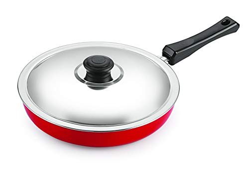 Nirlon Aluminium Kitchen Cooking Non- Stick Fry pan, with Bakalite Handle Red Non-Stick Fry Pan 26 Diameter Ligh Weight Durable Fry Pan with Steel LID(Gas Stove Compatible Only)(26_ mm_Classic_FP126)