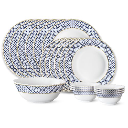 Larah by Borosil Juliet Fluted Series Opalware Dinner Set | 19 Pieces for Family of 6 | Microwave & Dishwasher Safe | Bone-Ash Free | Crockery Set for Dining & Gifting | Plates & Bowls | White