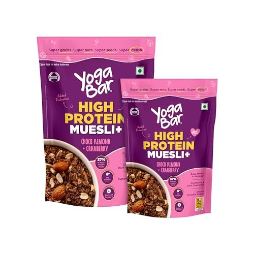 Yogabar High Protein Muesli Combo | 23g Protein per 100g | With Probiotics and| Easy on gut | Choco almond + Cranberry | High Fiber Food