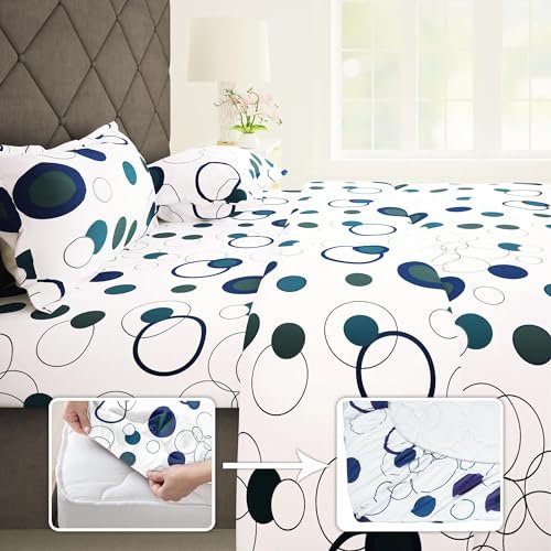 Story@Home Elastic Fitted Bedsheet for Queen size bed | 186 TC | White & Blue | Elastic Fitted Queen Size Bedsheet with 2 Pillow Covers | Cotton | Circles (152×182 cm) Perfect for Home Decor & gifting