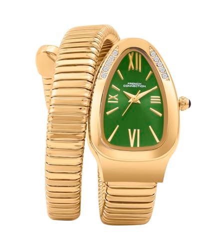 French Connection Eternelle Curve | Green Dial with Rose Gold Case | Flexible Wrap Bracelet Strap | Crystal Accent Design | Roman Numerals Analog Watch for Women – FCN0142NGM