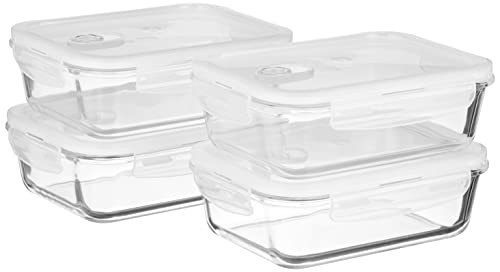 Amazon Brand – Solimo Set of 4 Borosilicate Glass Containers | Air-Vent Lids| For Kitchen/Tiffin | Rectangle| 1,000 ml Each| Transparent