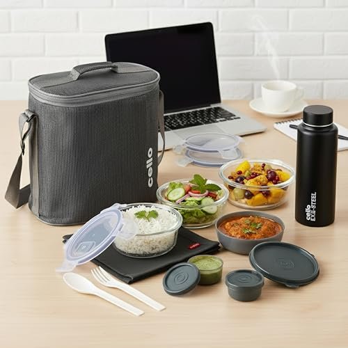 CELLO MF Glassy Pro Max Lunch Box with Bag for Office Grey | 3x400ml Glass Container, 1x225ml, 2x50ml Mini Container, Bottle 700ml with Cutlery & Napkin, Microwave Safe Airtight Spillproof Tiffin Box