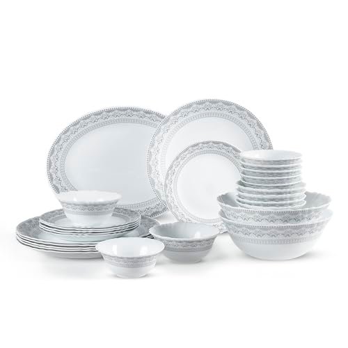 CELLO Oxford Imperial Plus Series Opalware Dinner Set of 27 Piece For Family of 6 | Bone-Ash Free & Leadfree Opal Glass Microwave & Dishwasher Safe, Crockery Plates & Bowls Set For Daily Use & Gifting