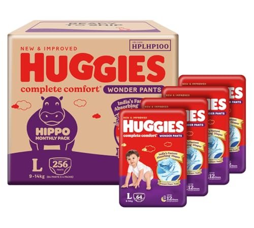 Huggies Complete Comfort Wonder Pants | Pant Style Baby Diapers Large Size, 256 Count | India’s Fastest Absorbing diaper, Clinically Proven to Prevent Diaper Rash | Ideal for 9 to 14 Kgs (64 count, Pack of 4)