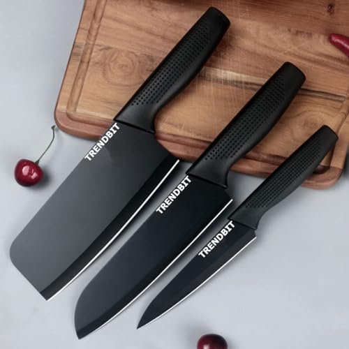 TRENDBIT Stainless Steel 3 Pieces Professional Kitchen Knife Set, Meat Knife, Chef’s Knife with Non-Slip Handle Sharp Manual Sharpening for Home Kitchen and Restaurant – (Black)